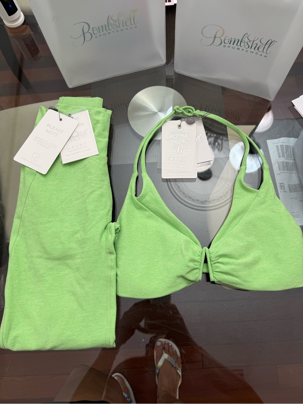 Bombshell Sportswear Bright Lime Green Halter Bralette and leggings Set